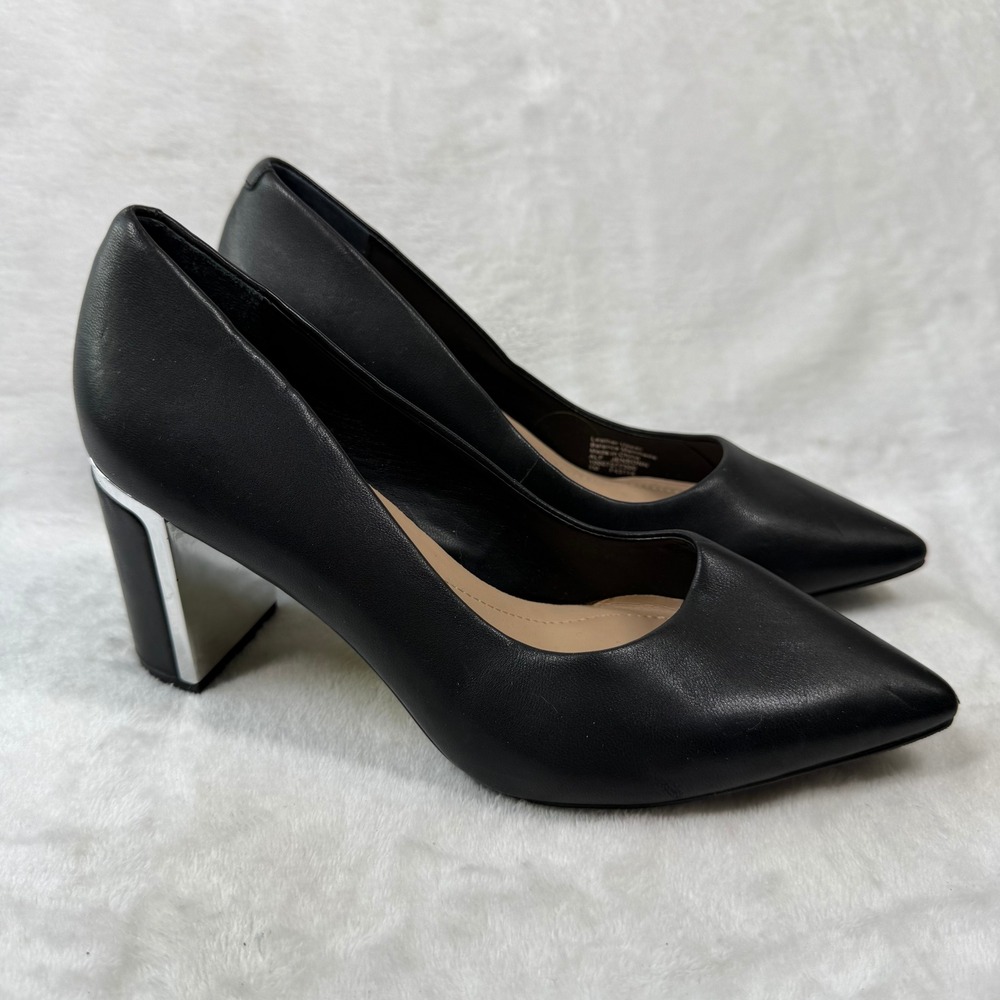 Alfani Step N Flex Jensonn Black Leather Pointed Toe Block Heel Pumps 7M Silver